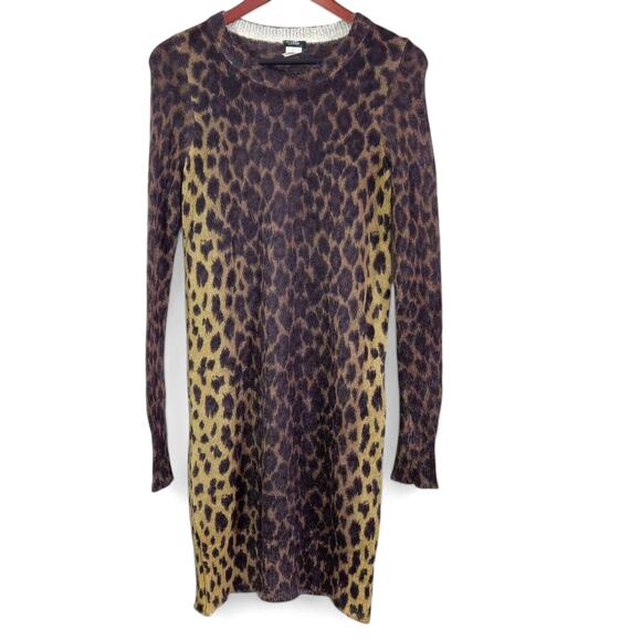 J Crew Women's Sweater Dress Brown Boho Leopard Animal Print Mohair Sz Small - Picture 1 of 9